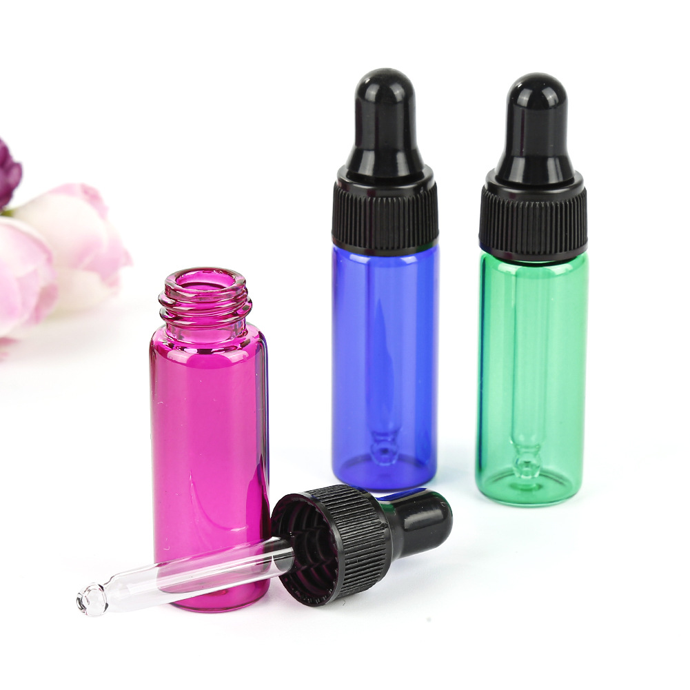 Custom logo colorful glass bottle with black dropper 1ml 2ml 3ml5ml cosmetic package container green blue pink purple amber
