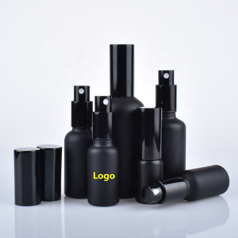 Custom logo cosmetic lotion serum cream serum parfum packaging matt black glass bottle with spray