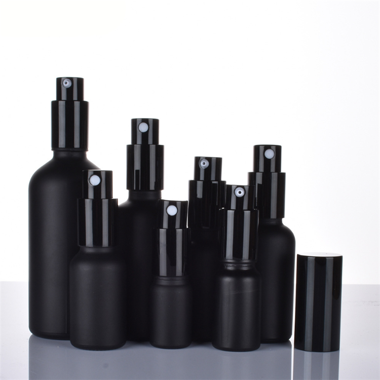 Custom logo cosmetic lotion serum cream serum parfum packaging matt black glass bottle with spray