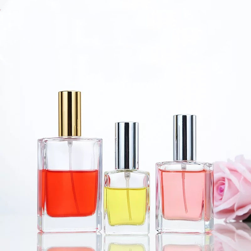 Custom logo free lead 30ml 50ml 100ml square high-end clear glass spray perfume bottle for oil cosmetic package container