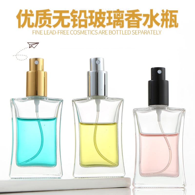 Custom logo free lead 50ml square waist high-end clear glass spray perfume bottle for oil cosmetic package container