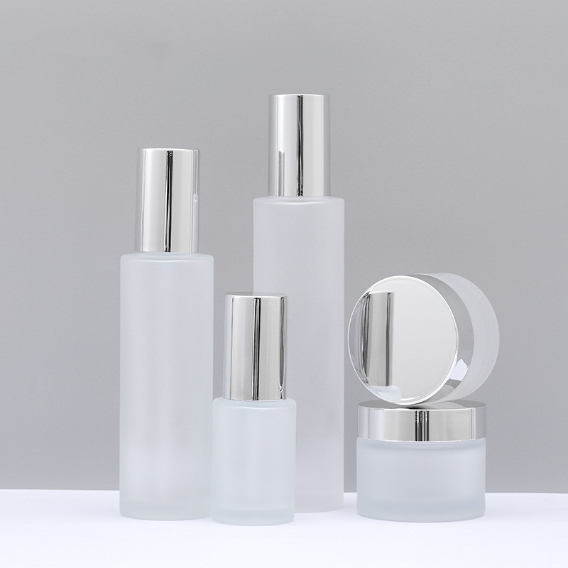 Custom logo frosted glass bottle with silver cap 30g jar 50g jar 30ml 100ml 120ml toner bottle cosmetic package container