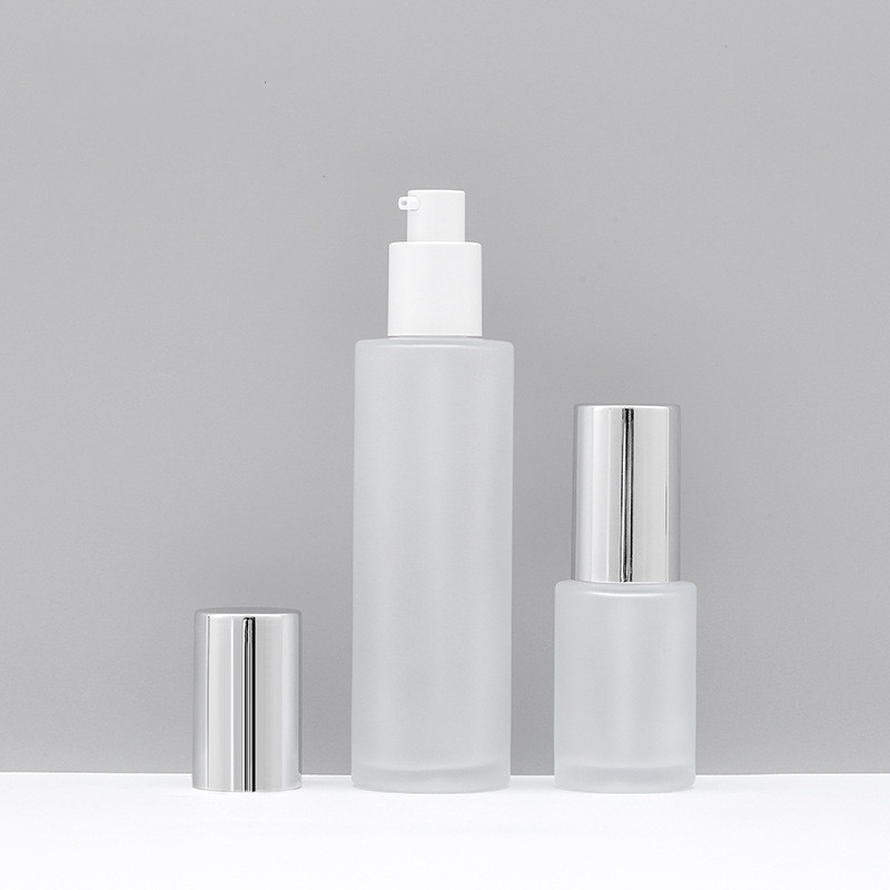 Custom logo frosted glass bottle with silver cap 30g jar 50g jar 30ml 100ml 120ml toner bottle cosmetic package container