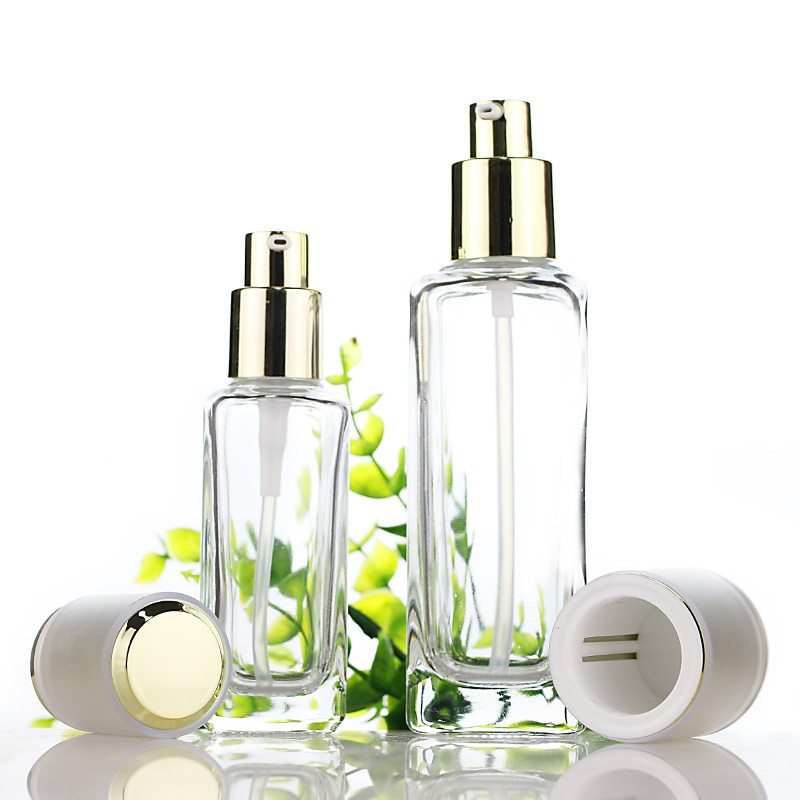 Custom logo luxury 150ml 100ml 40ml 50g 30g square glass bottle and jar cosmetic package with gold cap in good price
