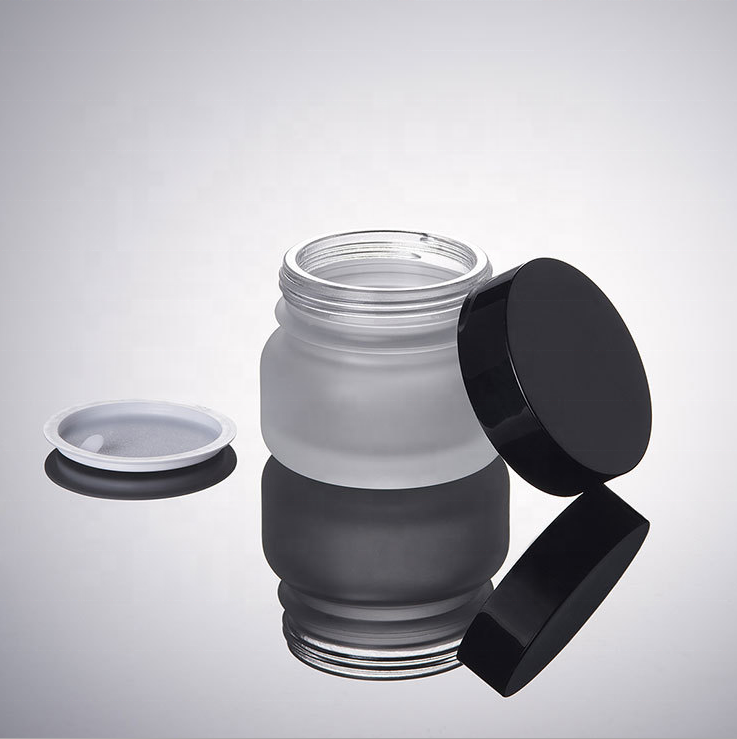 Custom logo luxury 150ml Cosmetic Frosted glass lotion bottle with black caps black inner pad bottle and black jar