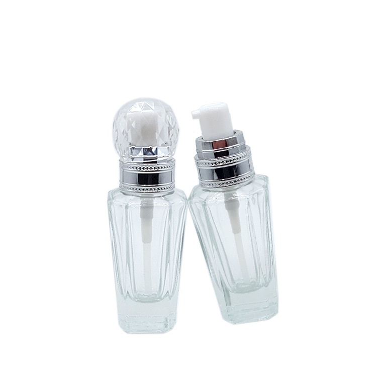 Custom logo luxury 30ml Polygon glass pump bottle cosmetic package for liquid foundation with diamond cap in good price