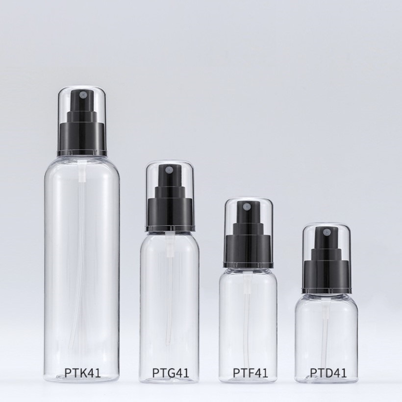 Custom logo luxury 50ml 75ml 100ml 250ml round shoulder PET spray bottle clear bottle body with black sprayer in good quality