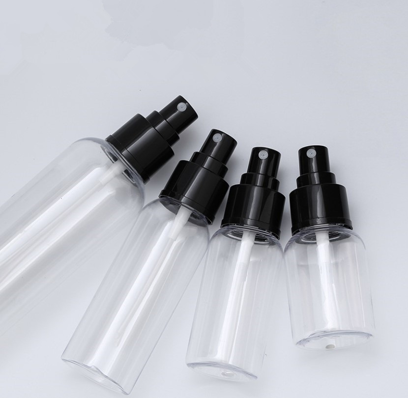 Custom logo luxury 50ml 75ml 100ml 250ml round shoulder PET spray bottle clear bottle body with black sprayer in good quality