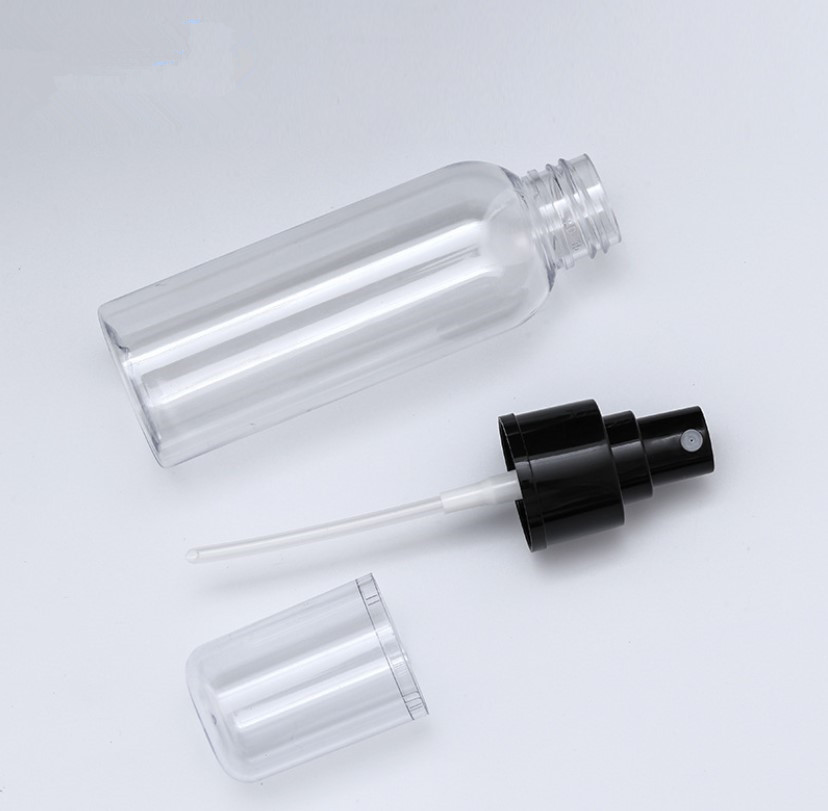 Custom logo luxury 50ml 75ml 100ml 250ml round shoulder PET spray bottle clear bottle body with black sprayer in good quality