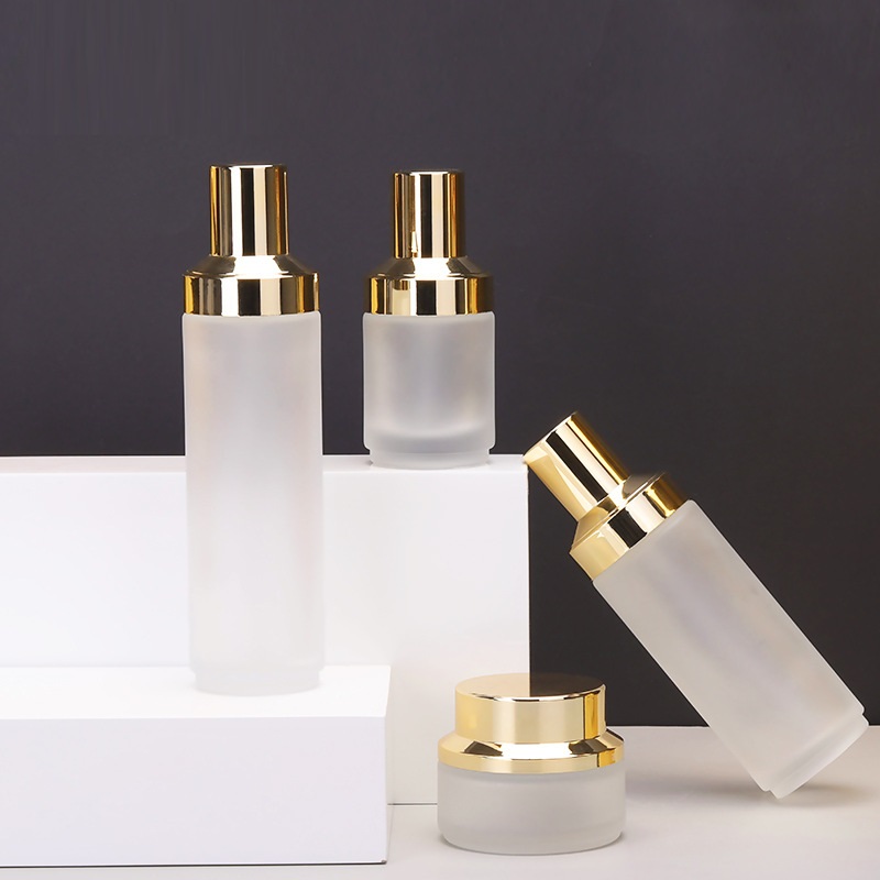 Custom logo luxury frosted white 150ml 120ml 40ml 50g glass bottle and jar cosmetic package with gold cap cosmetic container