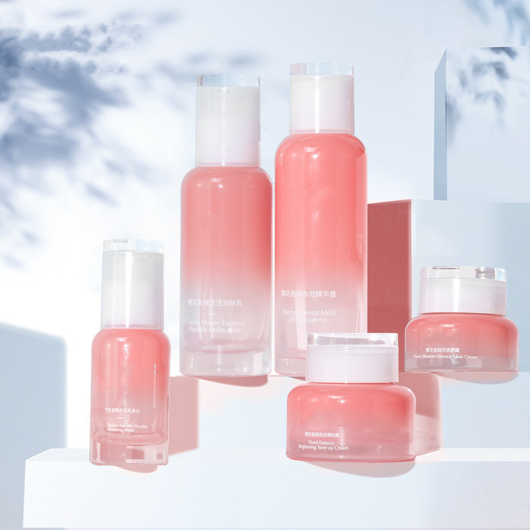 Custom logo luxury pink Cosmetic Gradient pink glass bottle and jar 30g 50g 40ml 100ml 120ml cosmetic package small container