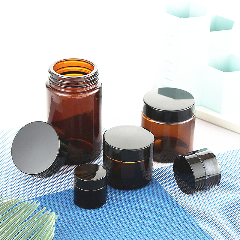 Custom logo size wholesaler empty cosmetic jar 50ml amber glass jar with lid 8oz straight sided glass jar