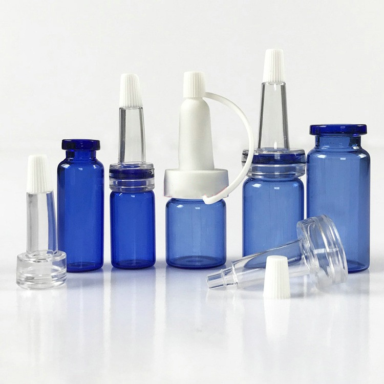 Custom logo small package glass Medical beauty bottle blue vial clear glass sample bottle for cosmetic and medical in store