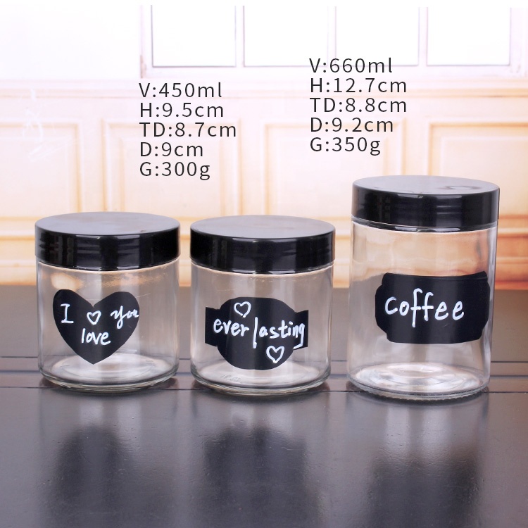 Custom logo straight side 450ml 650ml food storage glass jar with black lid