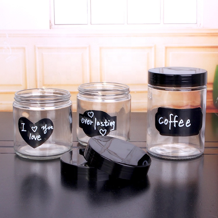 Custom logo straight side 450ml 650ml food storage glass jar with black lid