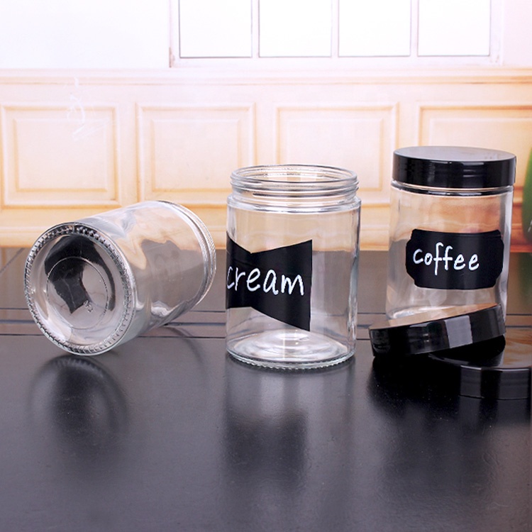 Custom logo straight side 450ml 650ml food storage glass jar with black lid