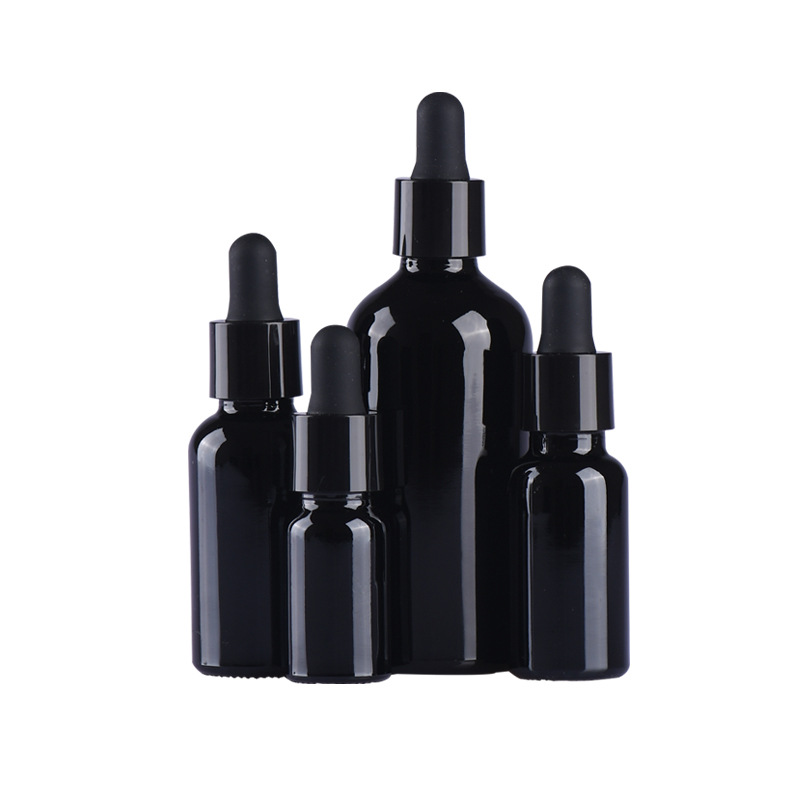 Custom logo total black glass dropper bottle cosmetic package container light-proof medicine bottles 10ml 15ml 30ml 50ml 100ml