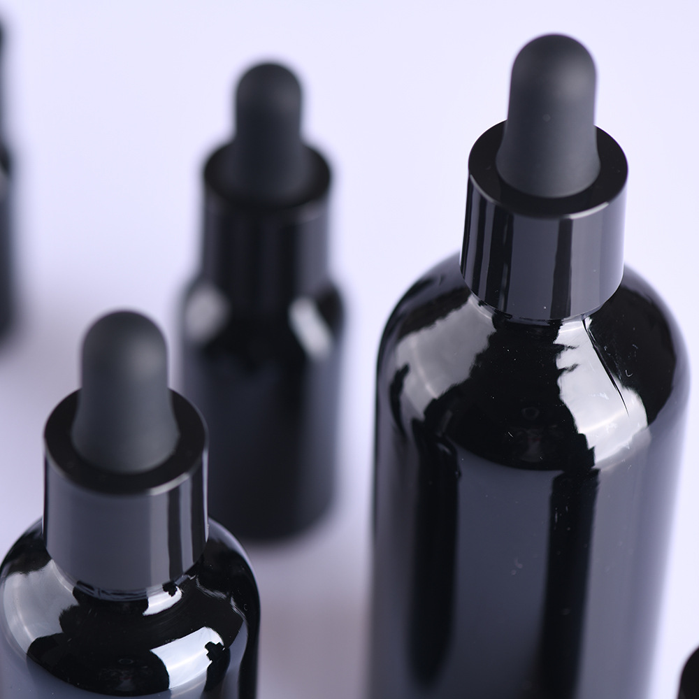 Custom logo total black glass dropper bottle cosmetic package container light-proof medicine bottles 10ml 15ml 30ml 50ml 100ml