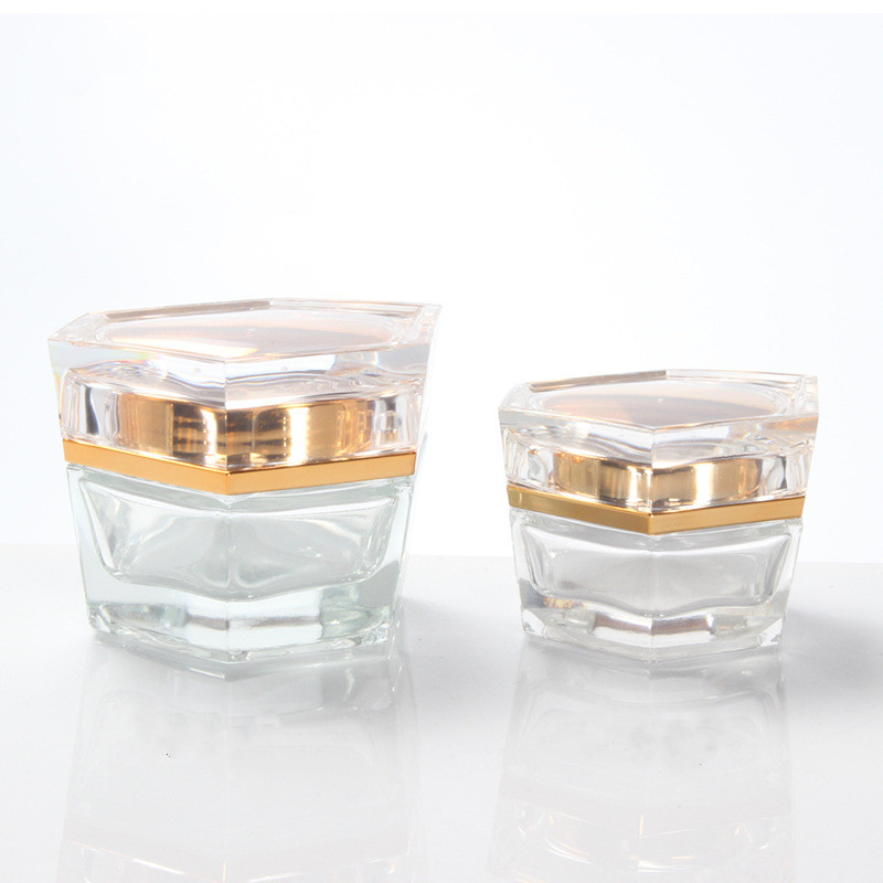 Custom logo transparent glass Hexagonal bottle and jar 30ml 50ml 90ml 110ml 30g 50g for cosmetic package with rose gold flat cap