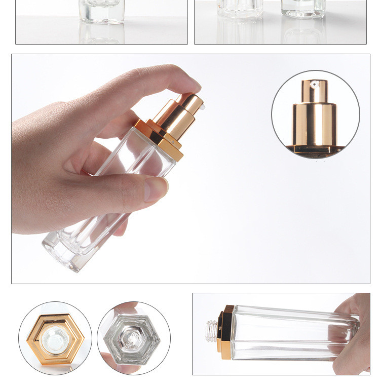 Custom logo transparent glass Hexagonal bottle and jar 30ml 50ml 90ml 110ml 30g 50g for cosmetic package with rose gold flat cap