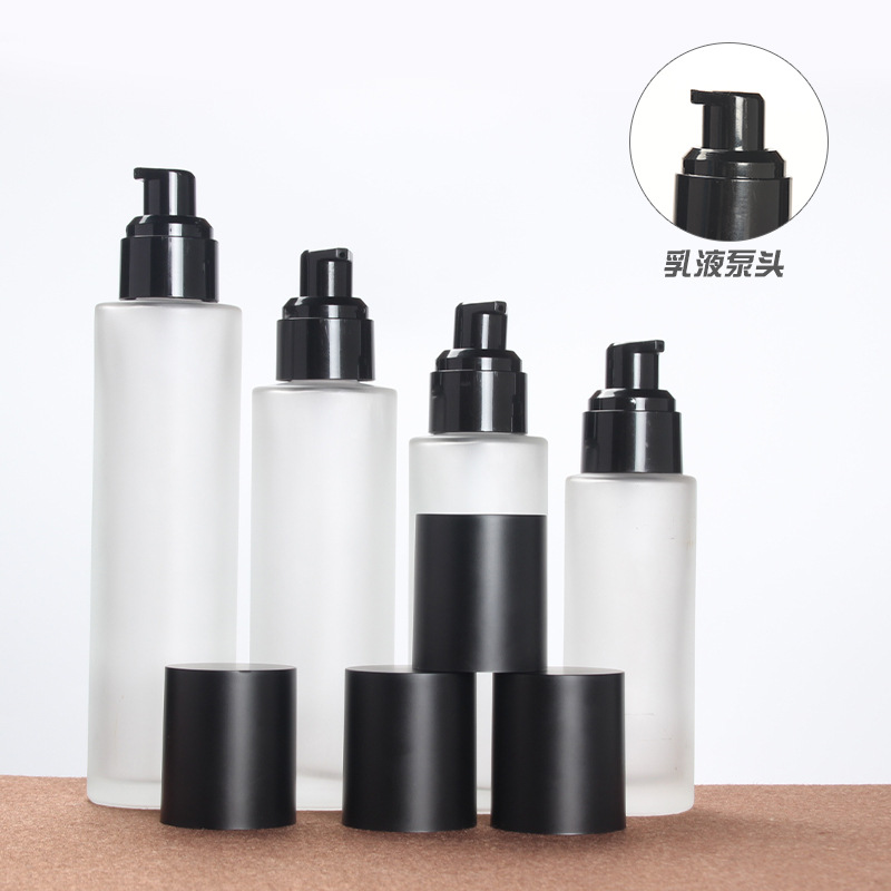 Custom logo white frosted glass bottle and jar with matte black cap fine mist cosmetic package container 20ml-120ml bottles