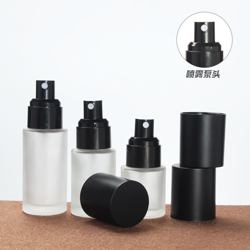 Custom logo white frosted glass bottle and jar with matte black cap fine mist cosmetic package container 20ml-120ml bottles