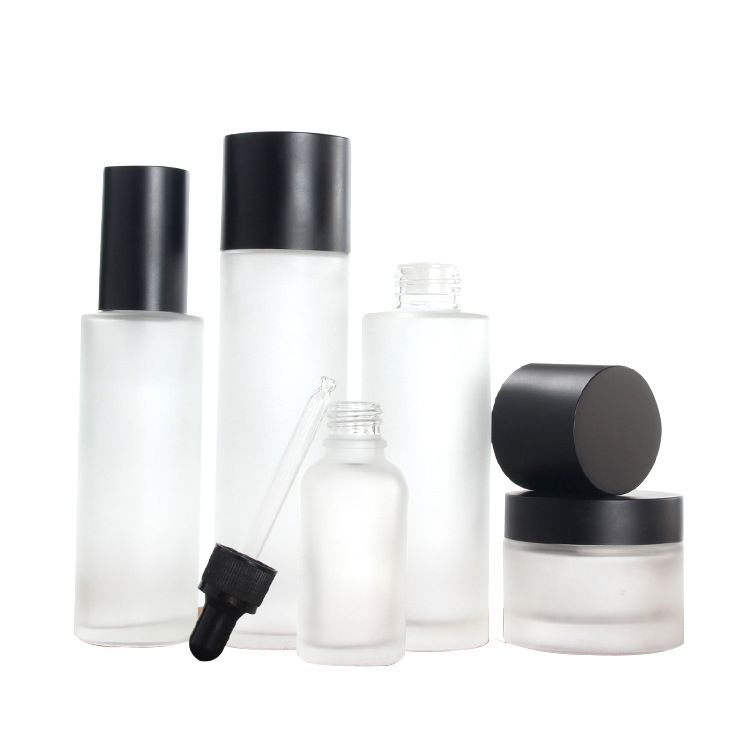 Custom logo white frosted glass bottle and jar with matte black cap fine mist cosmetic package container 20ml-120ml bottles
