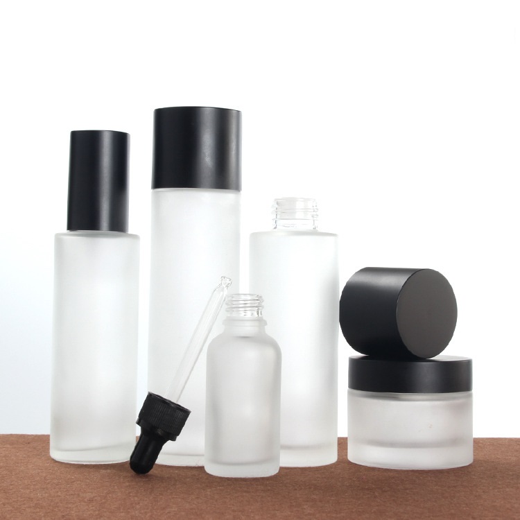 Custom logo white frosted glass bottle and jar with matte black cap fine mist cosmetic package container 20ml-120ml bottles