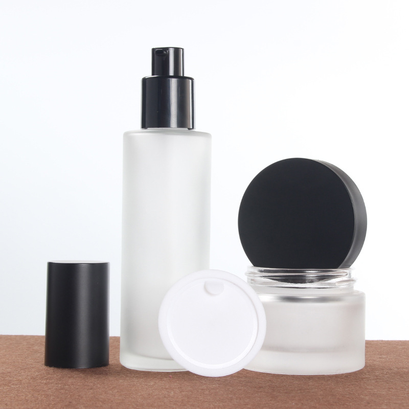 Custom logo white frosted glass bottle and jar with matte black cap fine mist cosmetic package container 20ml-120ml bottles