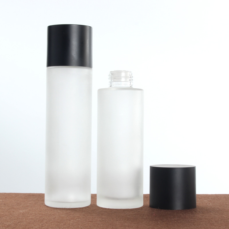 Custom logo white frosted glass bottle and jar with matte black cap fine mist cosmetic package container 20ml-120ml bottles