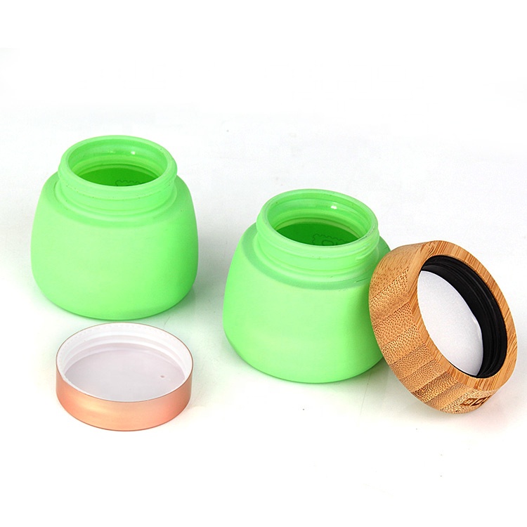 Custom luxury 120g 4oz empty green cosmetic containers facial mud glass mask jar with bamboo lid