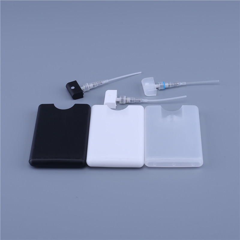 Custom made 20ml clear black white PP plastic perfume flat bottle credit card spray bottle