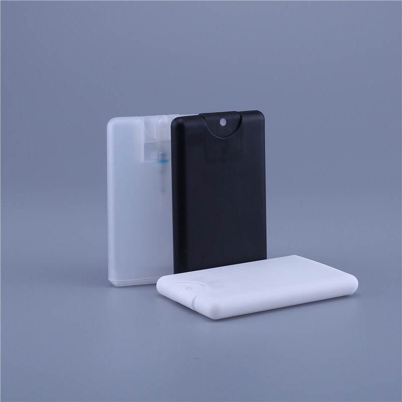 Custom made 20ml clear black white PP plastic perfume flat bottle credit card spray bottle
