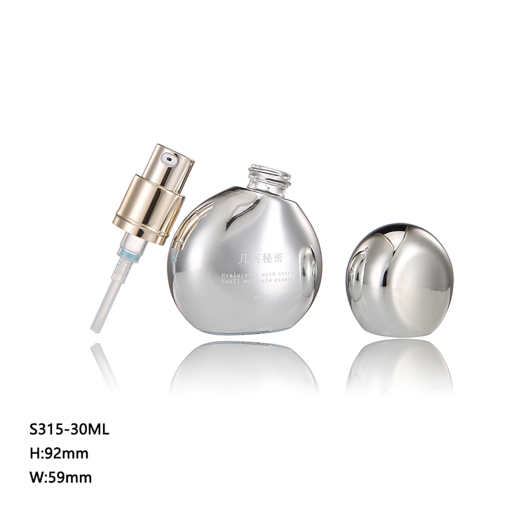 Custom made Uniquely shaped sliver essential perfume oil lotion serum bottle 30ml pump empty makeup bottles