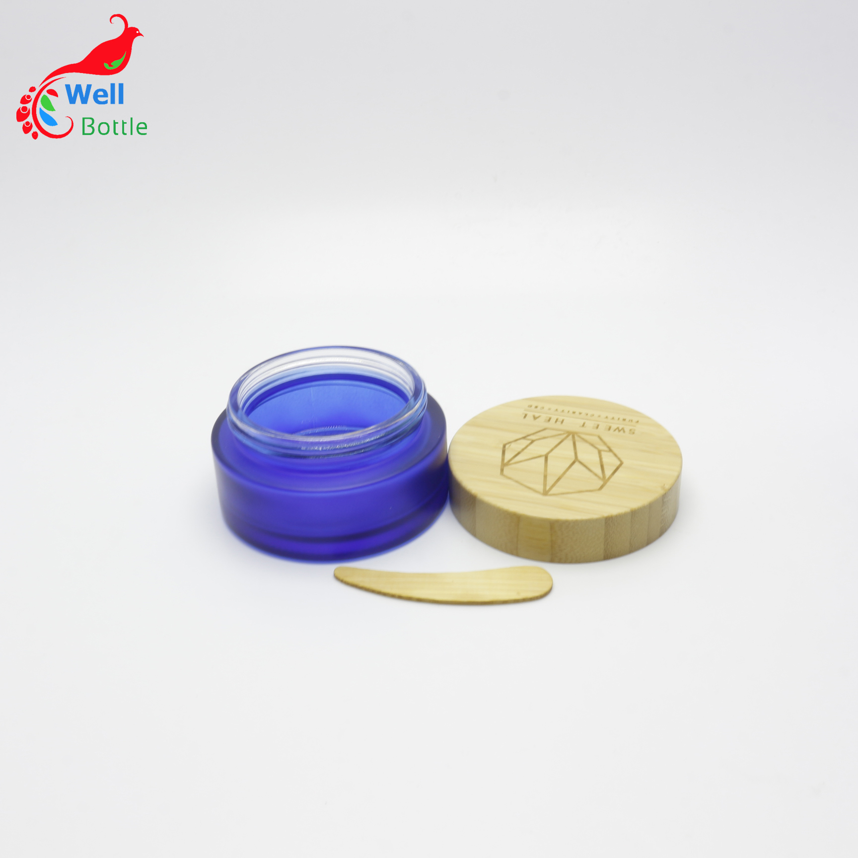 Custom made lotion container bamboo cosmetic pot 15g face cream matte blue glass jars with wood lid J084E