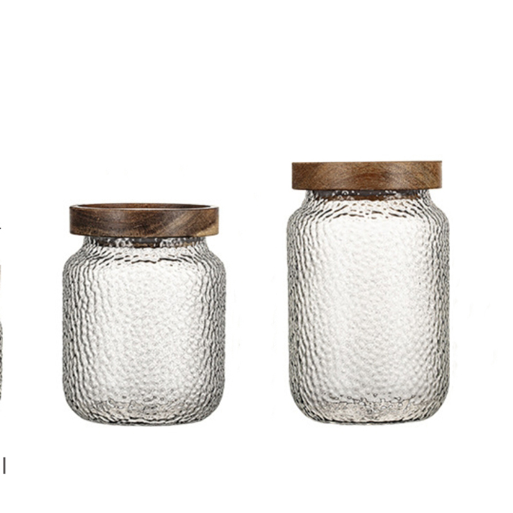 Custom-made stylish glass storage jar with special texture, with sealed acacia wood lid