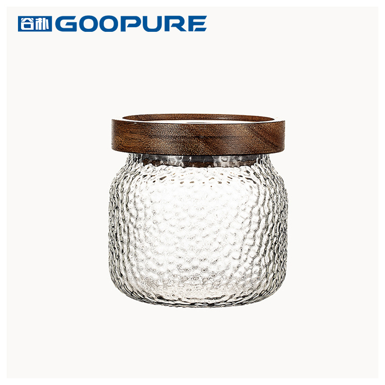 Custom-made stylish glass storage jar with special texture, with sealed acacia wood lid