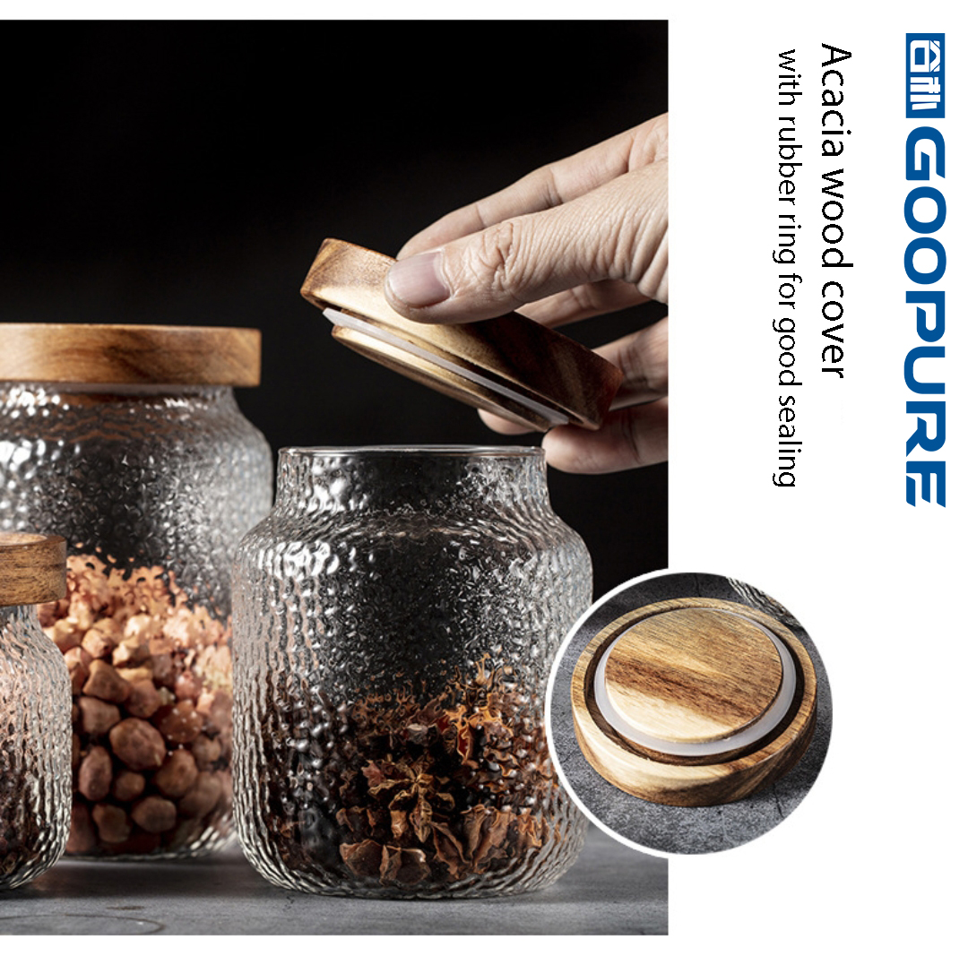 Custom-made stylish glass storage jar with special texture, with sealed acacia wood lid