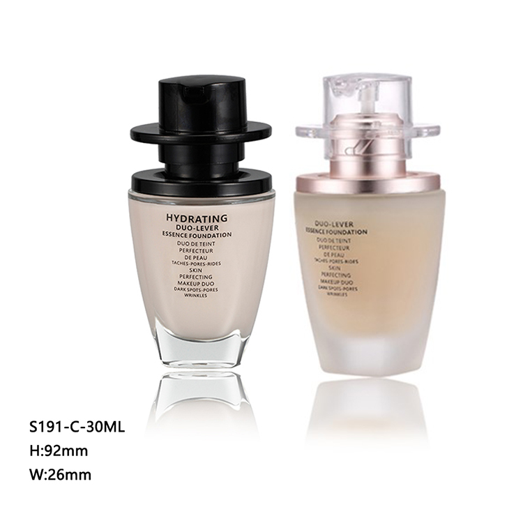 Custom made unique rectangle frosted 30ml cosmetic foundation pump glass serum bottle with cap