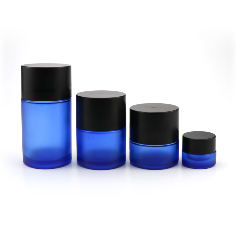 Custom printed 5 50 70 110 ml straight side cobalt blue empty child resistant glass jars with childproof black lid