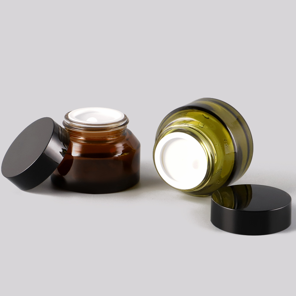 Custom printing glass material green, brown clear cosmetic jars