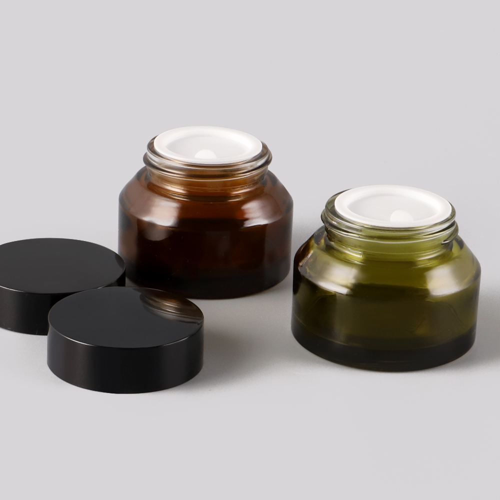 Custom printing glass material green, brown clear cosmetic jars