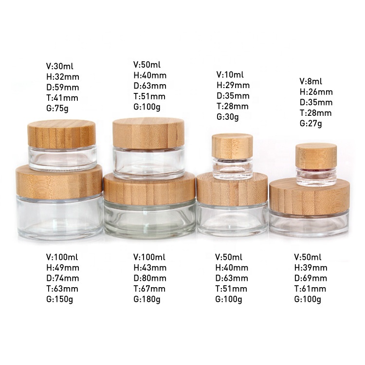 Custom round 10ml 30ml 50ml 100ml clear bamboo lid cosmetic cream packaging glass jar set