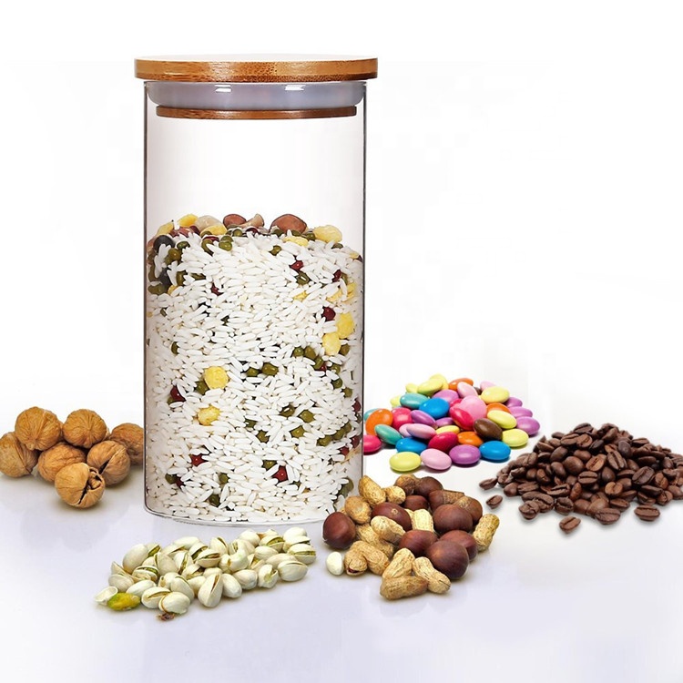 Custom size glass spice storage jar with bamboo lids silicon ring set BJ-CC9