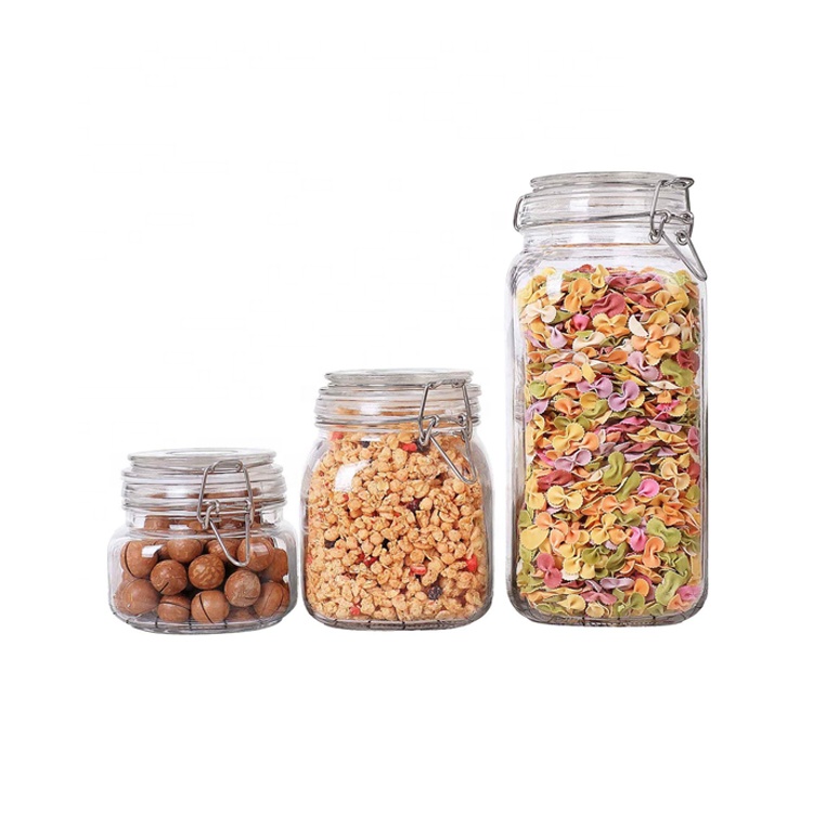 Custom square cereals glass storage jar fruit airtight glass jar set  with airtight lock lids