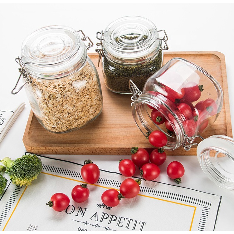 Custom square cereals glass storage jar fruit airtight glass jar set with airtight lock lids
