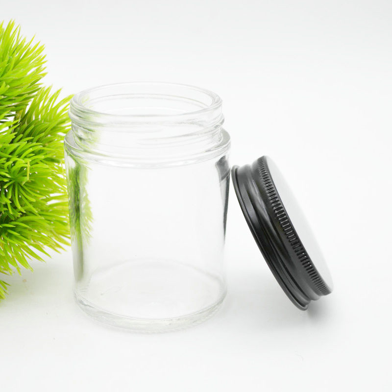 Custom straight side 100ml clear food container glass jar with metal lid