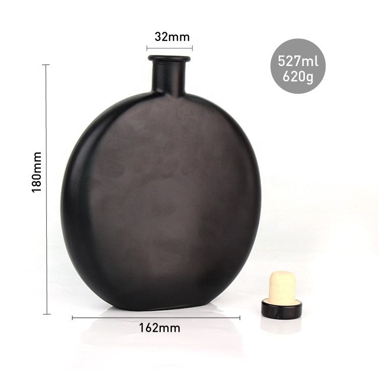 Custom unique 500ml flat round matte black glass bottles for liquor vodka whisky with stopper