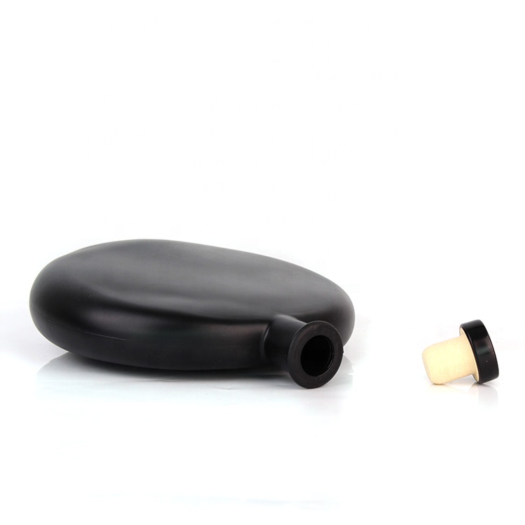Custom unique 500ml flat round matte black glass bottles for liquor vodka whisky with stopper