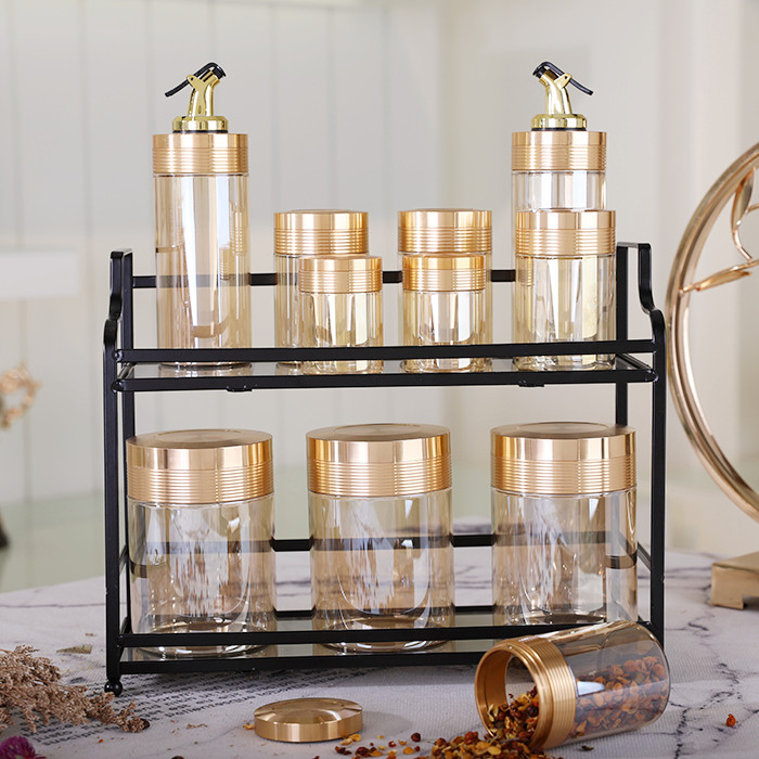 Custom unique gold transparent vinegar bottles tea coffee candy salt canister sets storage glass jar for sale